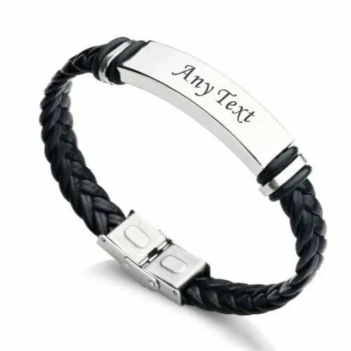 Men's Leather Bracelets - Custom Name Date Logo Engrave Bangle & Bracelet Male Jewelry